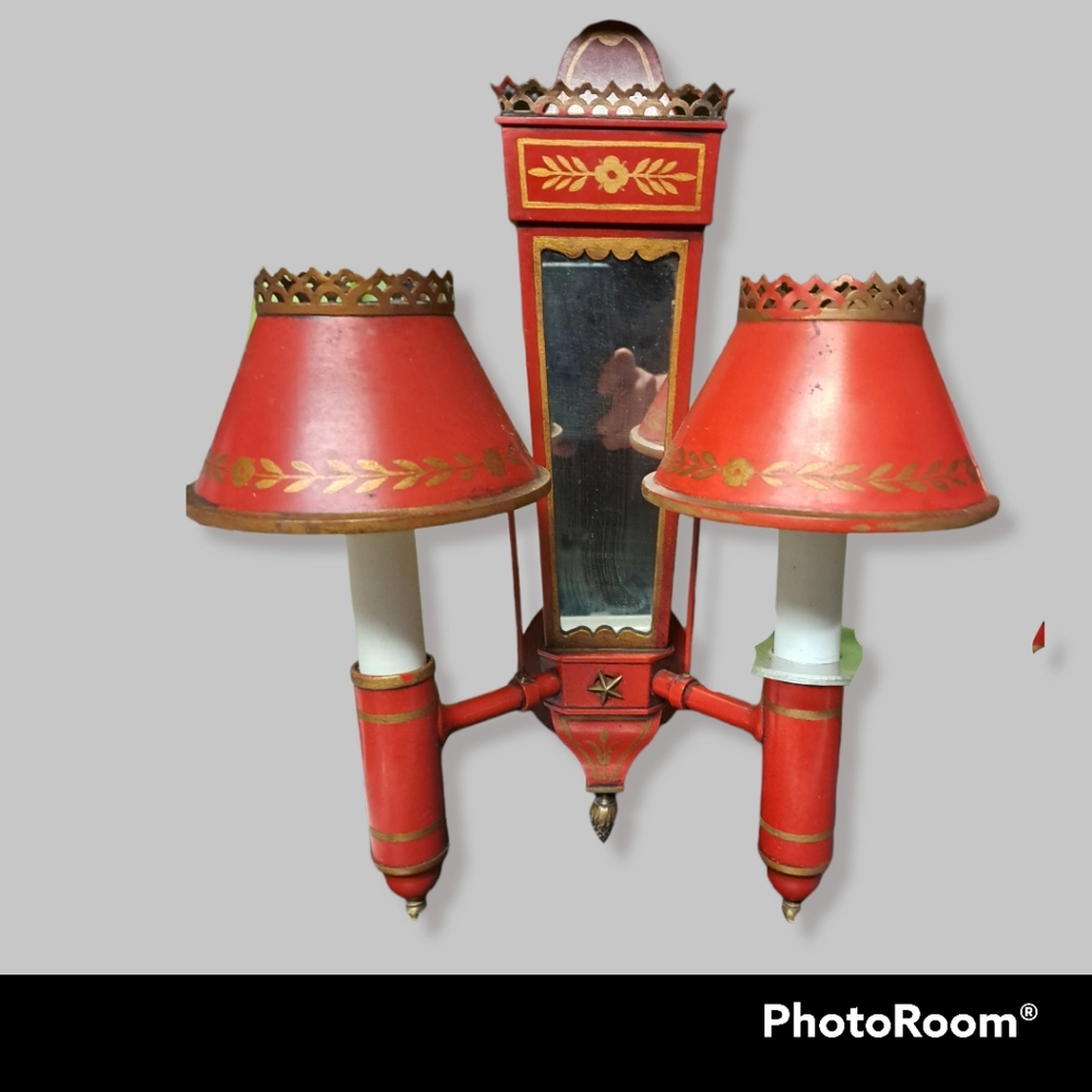 Vintage French Country Farmhouse Red Metal Toleware Mirrored Wall Sconces